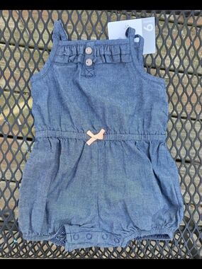 Carter's Blue Chambray Baby Romper with Coral Bow Accent